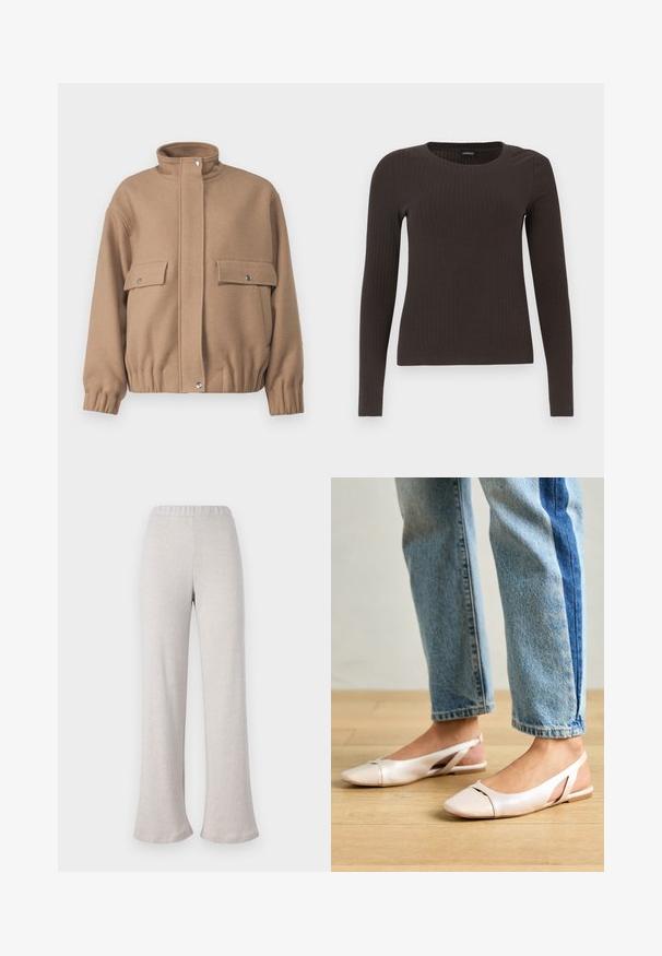 Giacca di lana marrone con colletto alto, due tasche frontali e polsini elasticizzati. Presenta chiusure a scatto e un orlo leggermente accorciato.; Top marrone a maniche lunghe con scollo rotondo. Realizzato in un materiale liscio e elasticizzato, presenta una silhouette aderente e dettagli minimi.; Pantaloni a gamba larga beige chiaro realizzati in tessuto testurizzato, con vita elastica e design a gamba ampia, adatti per un abbigliamento casual.; Ballerine slingback rosa pallido con punta affusolata, realizzate in un materiale simile alla pelle liscio. Presentano dettagli a taglio sui lati e un tacco piatto.