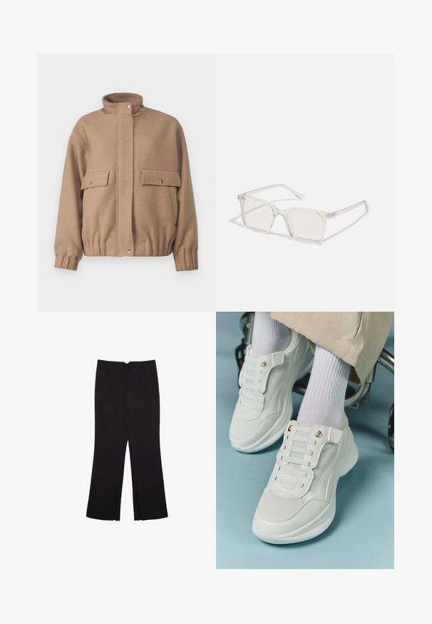 Brązowa wełniana kurtka z wysokim kołnierzem, dwoma przednimi kieszeniami i elastycznymi mankietami. Posiada zatrzaski i lekko skrócony dół.; Biała koszulka z krótkim rękawem o szerokim dekolcie, wykonana z miękkiego materiału, z fakturowanym prążkowanym wzorem, charakteryzująca się luźnym krojem i minimalistycznym designem.; Czarne spodnie o prostym kroju, z przednimi kieszeniami i bocznymi rozcięciami na dole. Wykonane z miękkiego, gładkiego materiału. Odpowiednie na różne okazje.; Białe sneakersy z siateczkowego materiału, gumową podeszwą, bezsznurowym designem z elastycznymi paskami oraz złotymi akcentami.; Przezroczyste, kwadratowe okulary z plastiku z półprzezroczystymi soczewkami, z złotymi akcentami na zausznikach dla dodatkowego wykończenia.