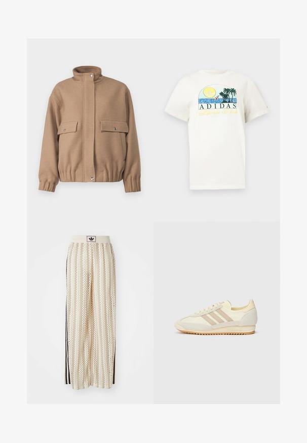 Rjava volnena jakna z visokim ovratnikom, dvema sprednjima žepoma in elastičnimi manšetami. Ima zapirala na pritisek in rahlo skrajšan rob.; Bela bombažna majica s grafičnim dizajnom, ki prikazuje sonce, palme in vodo. "ADIDAS Sports Club" natisnjeno v zeleni in rumeni barvi.; Hlače širokega kroja kremne barve z zigzag vzorcem, opremljene z črnim logotipom na pasu in stranskimi črnimi črtami. Lahka, teksturirana tkanina.; Kremna atletska teniska obutev z tremi bež črtami, usnjatom in tekstilnim materialom, teksturiranim podplatom ter embosiranim logotipom na peti.