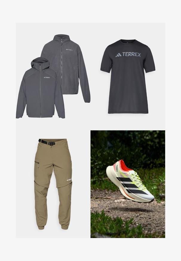 Dos chaquetas de forro polar con cremallera en gris oscuro, una de ellas con capucha, marcadas con el logo de TERREX, de textura suave y diseño minimalista.; Camiseta negra de manga corta hecha de un tejido ligero, con un logotipo en gris claro "TERREX" en el pecho y cuello redondo.; Pantalones de exterior beige con cinturón, bolsillos laterales con cremallera y puños elásticos. Presentan un diseño desmontable para mayor versatilidad y una textura suave.; Zapatilla de running ligera en blanco con rayas negras, detalles en rojo y cordones amarillos; cuenta con una parte superior texturizada y suela acolchada.
