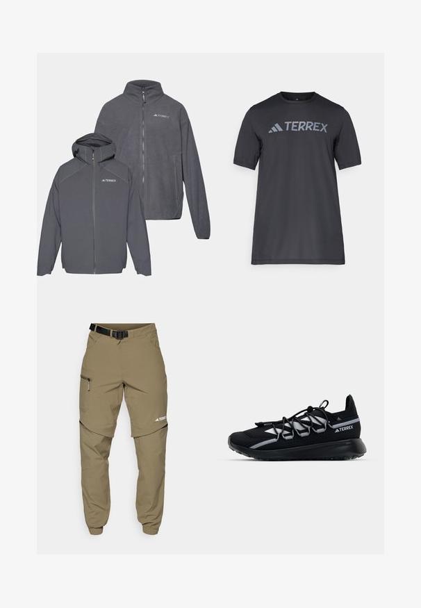 Duas jackets de fleece com fecho éclair em cinza escuro, uma com capuz, com o logo TERREX, com textura suave e design minimalista.; Camiseta preta de manga curta feita de tecido leve, com o logótipo cinza-claro "TERREX" atravessando o peito e um decote redondo.; Calças de exterior em caqui com um cinto preto ajustável, bolsos com fecho, punhos ajustados e pernas inferiores destacáveis para um estilo versátil.; Sapatilha atlética preta com parte superior em malha, detalhes reflexivos, atacadores elásticos e sola de borracha texturizada. Apresenta um design elegante para desempenho.
