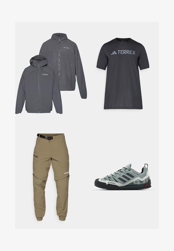 To zip-up fleecejakker i mørkegrå, hvoraf den ene har hætte, brandet med TERREX-logoet, glat tekstur og minimalistisk design.; Sort kortærmet t-shirt lavet af let stof, med et lys gråt "TERREX" logo på tværs af brystet og rund halsudskæring.; Khaki udendørs bukser med en justerbar sort bælte, lynlås-lommer, smalle ankler og aftagelige nederste ben til alsidig styling.; Grå klatresko med en tekstureret overdel, sort gummitåkappe, tre mørke striber og et lille rødt accent på sålen.