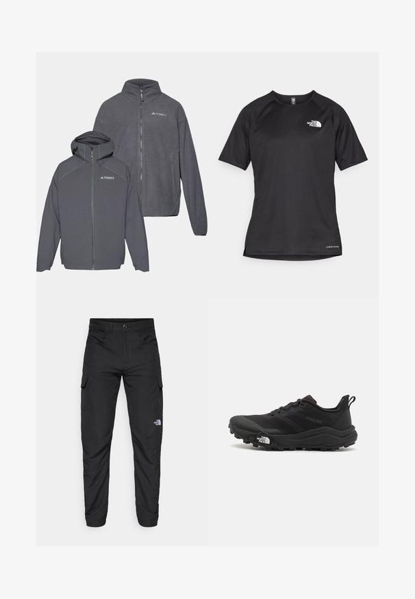 Two zip-up fleece jackets in dark gray, featuring a hood on one, branded with the TERREX logo, smooth texture, and minimalistic design.; Black short-sleeve athletic shirt with a textured fabric, featuring a white logo on the left chest and a straight hem.; The North Face HORIZON PANT - Outdoor trousers - black; Black trail running shoe with a textured upper, rubber sole, and reinforced toe cap. Features a padded collar and pull tab for easy wear.