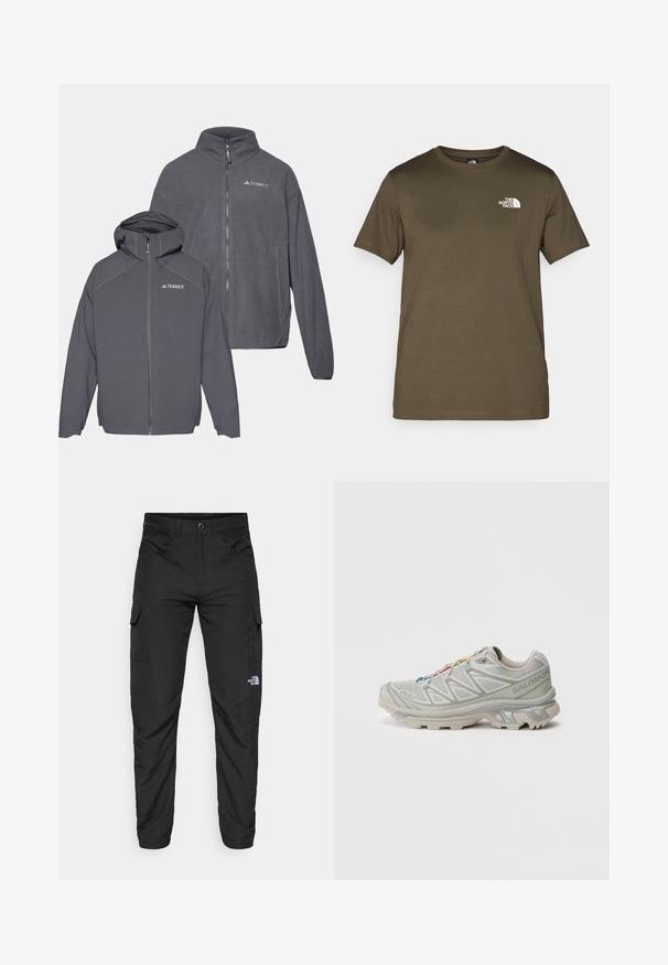 Dvé zipsové fleecové bundy v tmavošedej farbe, s kapucňou na jednej, označené logom TERREX, hladká textura a minimalistický dizajn.; Olive zelené bavlnené tričko s krátkymi rukávmi, okrúhlym výstrihom a bielym logom na ľavej hrudi. Hladká textúra tkaniny, bežný strih.; The North Face HORIZON PANT - Outdoorové nohavice - black; Svetlošedá športová obuv s texturovaným sieťovinovým zvrškom, reflexnými akcentmi, výraznou podrážkou a farebnými šnúrkami. Má podpůrny dizajn.