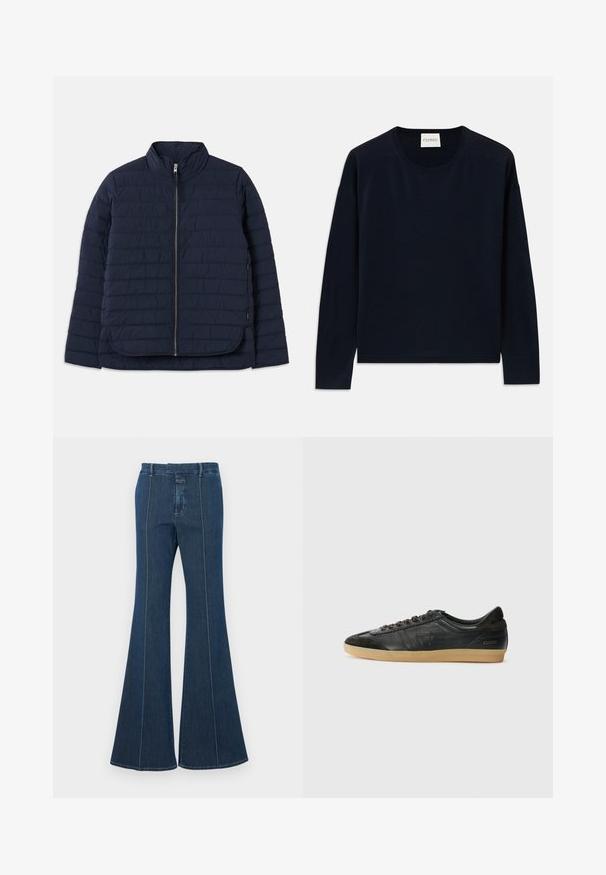 Mornarska puhovka z visokim ovratnikom, vodoravno prešita, z zadrgo po vsej dolžini in stranskimi razporki za lažje gibanje.; Mornarsko modra dolgoročná majica s okruglim izrezom iz mehkega in gladkega materiala z sproščenim krojem. Ima rebraste manšete in spodnji del ter oznako na vratu.; Jeanovi razrezani hlače v temno modri barvi, z strukturiranimi šivi in čistim zaključkom. Imajo pas srednje višine in široke, tekoče noge.; Črne usnjene tene s semiš dodatki, okrogla konica, gumijast podplat, ravne vezalke in šivanje. Ima logo blagovne znamke na peti.