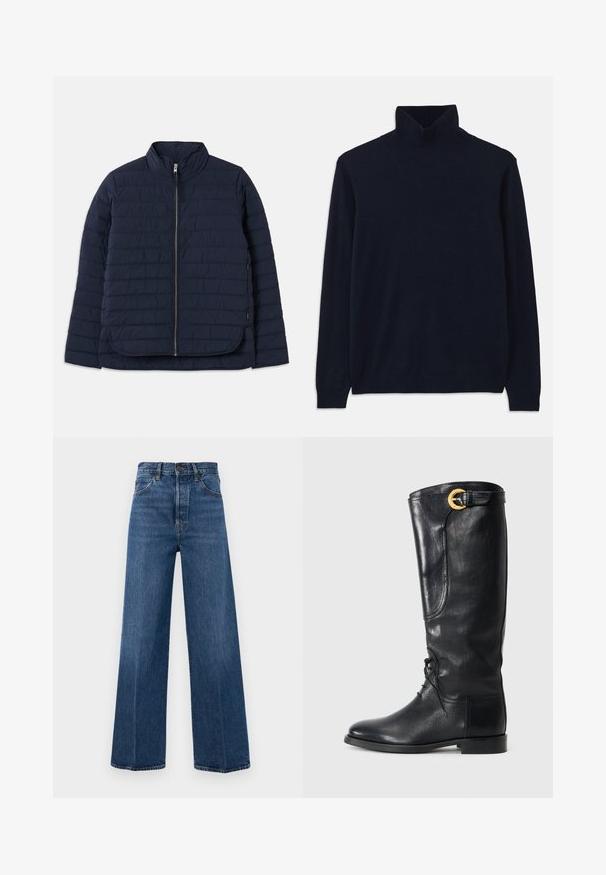 Casaco puffer azul-marinho com gola alta, padrão de acolchoamento horizontal, fecho de correr de comprimento completo e fendas laterais na barra para facilitar o movimento.; Sweater de gola alta azul marinho com mangas longas, feito de um tecido de malha suave. Apresenta um colarinho e punhos canelados, com um design simples e sem padrões.; Jeans azuis de perna larga feitos de denim, com uma cintura alta, bolsos frontais e costura em contraste. O tecido tem uma textura suave.; Bota de couro preta até ao joelho com bico arredondado, atacadores à frente, detalhe lateral e uma fivela dourada no topo. Textura suave.