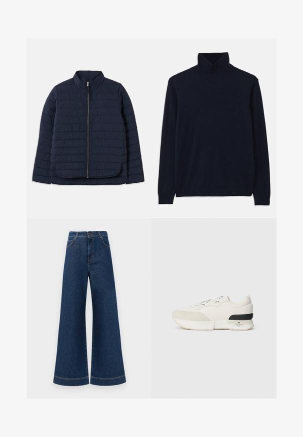 Casaco puffer azul-marinho com gola alta, padrão de acolchoamento horizontal, fecho de correr de comprimento completo e fendas laterais na barra para facilitar o movimento.; Sweater de gola alta azul marinho com mangas longas, feito de um tecido de malha suave. Apresenta um colarinho e punhos canelados, com um design simples e sem padrões.; Jeans azul de perna larga com cintura alta, apresentando um fecho de botão, passantes para cinto e detalhes de costura discretos ao longo dos bolsos e das bainhas.; Sneaker branco com biqueira em camurça texturizada, parte superior em malha lisa, atacadores decorativos e um detalhe na parte de trás em borracha preta.