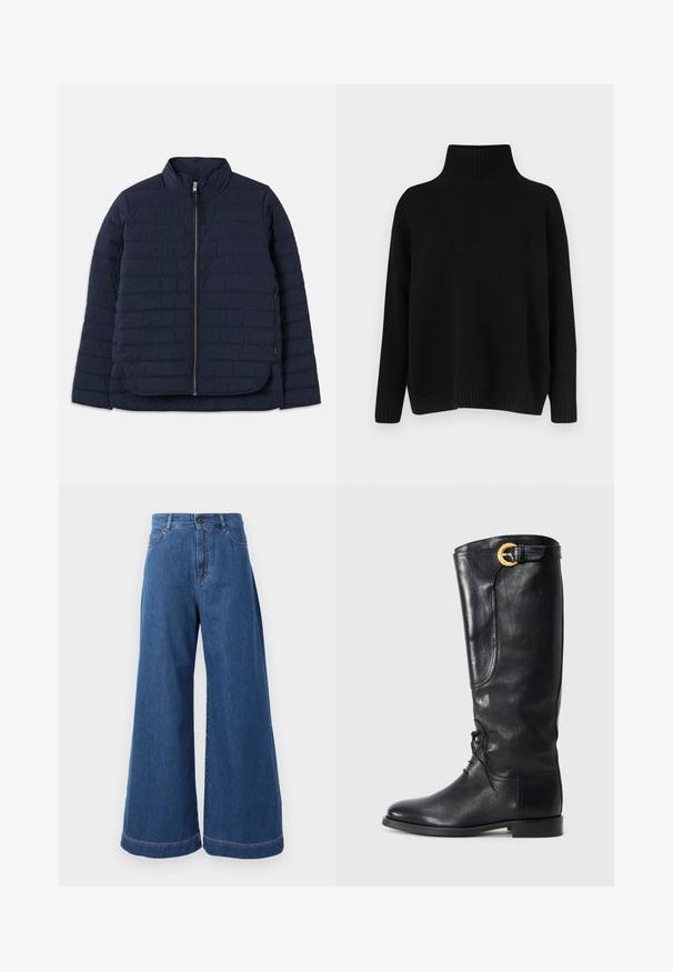Mornarska puf jakna s visokim ovratnikom, horizontalnim tkanim uzorkom, punim zatvaračem i bočnim otvorima na rubu za lakše kretanje.; Crni pleteni džemper s visokim rebrastim ovratnikom, spuštenim ramenima i opuštenim krojem. Ima rebraste manžete i rub radi teksture.; Široke traperice u srednje plavoj denim boji, s visokim strukom, prednjim džepovima i kontrasnim šavovima duž šavova i rubova.; Crne kožne čizme do koljena s zaobljenim vrhom, vezanjem sprijeda, bočnim detaljem i zlatnom kopčom na vrhu. Glatka tekstura.