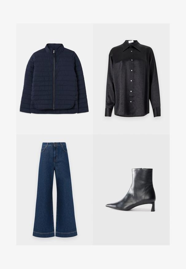 Námornícke prešívané sako s vysokým golierom, horizontálnym prešívaním, zipsom po celej dĺžke a postrannými rozparkami pre ľahký pohyb.; Čierna košeľa s dlhým rukávom a golierom, s pokrčenou textúrou, plne gombíkovou prednou časťou a manžetami. Vyrobená z hladkého materiálu.; Modré denimové nohavice so širokými nohavicami a vysokým pásom, ktoré majú gombíkový zapínanie, pútka na opasok a jemné švy pozdĺž vreciek a lemov.; Čierne kožené členkové topánky s špicatou špičkou a elegantným dizajnom. Majú nízky podpätok a zips na zadnej strane. Hladká textúra.