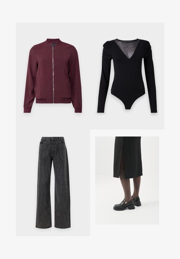 Burgundijas krāsas bomber jaka ar rāvējslēdzēju priekšpusē, apaļu kaklu un ribotām piedurknēm. Izgatavota no gludas auduma ar vienkāršu, klasisku dizainu.; Melnā bodija ar garām piedurknēm, piedāvā ar caurspīdīgu V-veida kakla izgriezumu un savāktu plecu detaļu. Gluda auduma, ar pieguļošu formu.; Noisy May NMJANNEL LOOSE - Brīva piegriezuma džinsi - black denim; Melni ādas apavi ar noapaļotu purngalu, biezām bloku papēžiem un elastīgiem sānu akcentiem, apvienoti ar tumšām zeķubiksēm un melnu svārku ar šķirbu.