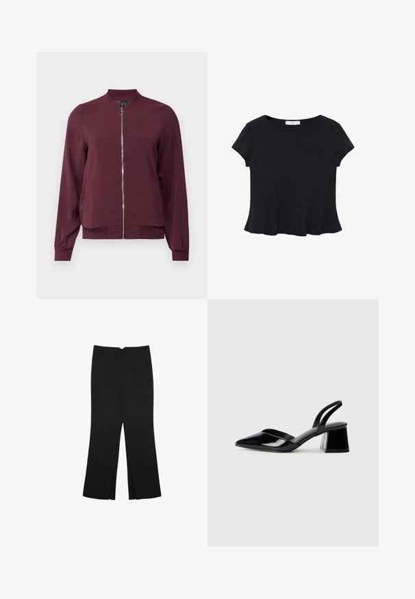 Burgunderfarbener Bomberjacke mit Reißverschluss vorne, rundem Kragen und gerippten Bündchen. Hergestellt aus glattem Stoff mit schlichtem, klassischem Design.; Schwarzes kurzärmeliges Top aus weichem Stoff, mit rundem Ausschnitt und ausgestelltem Saum mit dezenten Nahtdetails.; Schwarze Hose mit geradem Schnitt, ausgestattet mit Fronttaschen und Seitenschlitzen am Saum. Hergestellt aus weichem, glattem Stoff. Geeignet für verschiedene Anlässe.; Schwarze Lackleder-Slingback-High Heels mit spitzem Schuh und einem geometrischen Blockabsatz. Verfügt über ein schlankes, minimalistisches Design und eine glatte Textur.