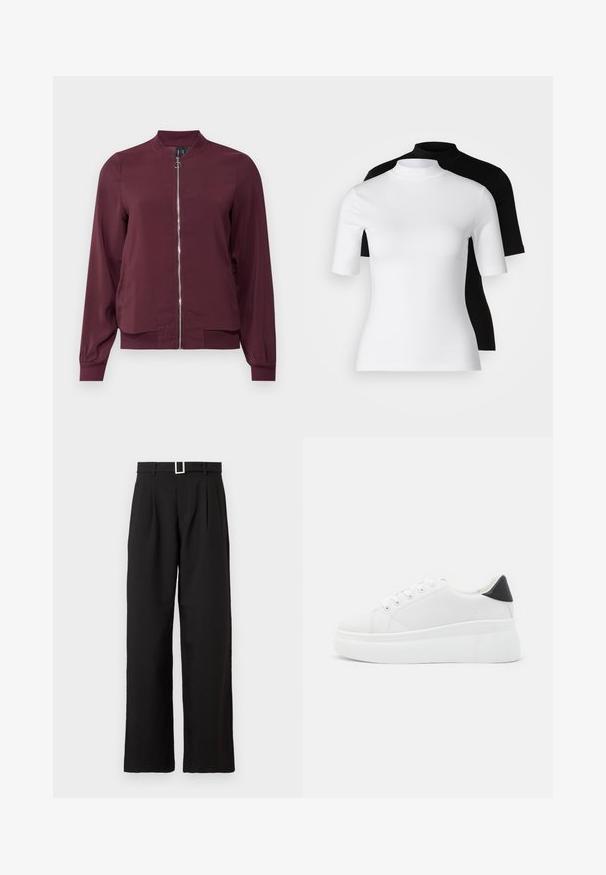 Burgundská bomber bunda se zapínáním na zip, kulatým výstřihem a ribbenovými manžetami. Vyrobena z hladkého materiálu s jednoduchým, klasickým designem.; Sada dvou přiléhavých roláků v bílé a černé barvě. Krátké rukávy, hladká bavlněná tkanina a přiléhavý střih. Bez vzorů a grafik.; Černé kalhoty s vysokým pasem a širokými nohavicemi, s poutky na pásek a stříbrnou obdélníkovou sponou na bílém pozadí.; Bílé platformové tenisky vyrobené z hladkého syntetického materiálu, s kulatou špičkou, šněrováním a texturovanou gumovou podrážkou. Černý akcent na patě.