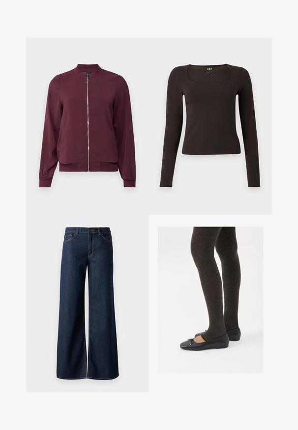 Burgunderfarbener Bomberjacke mit Reißverschluss vorne, rundem Kragen und gerippten Bündchen. Hergestellt aus glattem Stoff mit schlichtem, klassischem Design.; Schwarzes, langärmliges, figurbetontes Oberteil mit quadratischem Ausschnitt, gekennzeichnet mit GAP, vor einem weißen Hintergrund präsentiert.; Weite Jeans in dunkelblauem Denim. Merkmale sind kontrastierende Nähte, fünf Taschen und ein Knopfverschluss an der Taille. Glatte Textur.; Schwarze flache Schuhe mit einem kleinen Schleifendetail an der Zehe, kombiniert mit dunkelbraunen gerippten Strumpfhosen. Die Schuhe haben eine glatte Textur und ein niedriges Profil.