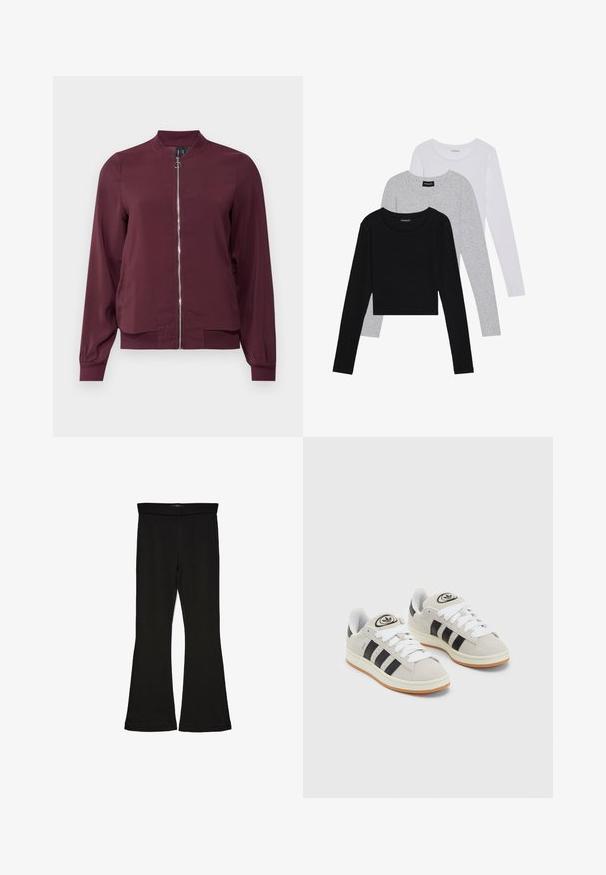 Burgunderfarbener Bomberjacke mit Reißverschluss vorne, rundem Kragen und gerippten Bündchen. Hergestellt aus glattem Stoff mit schlichtem, klassischem Design.; Drei langärmelige Oberteile gestapelt: schwarz, grau und weiß. Jedes hat einen runden Halsausschnitt und ein kurzes Design aus glattem, leichtem Stoff.; Schwarze Schlagleggings aus dehnbarem Stoff. Sie verfügen über einen breiten Bund und eine glatte Textur, mit einer enganliegenden Silhouette, die am Saum ausgestellt ist.; Graue Wildledersneaker mit weißen Schnürsenkeln, schwarzen Streifen und einer weißen Gummisohle. Merkmale sind ein kreisförmiges Logo auf der Zunge und eine Gummisohle.