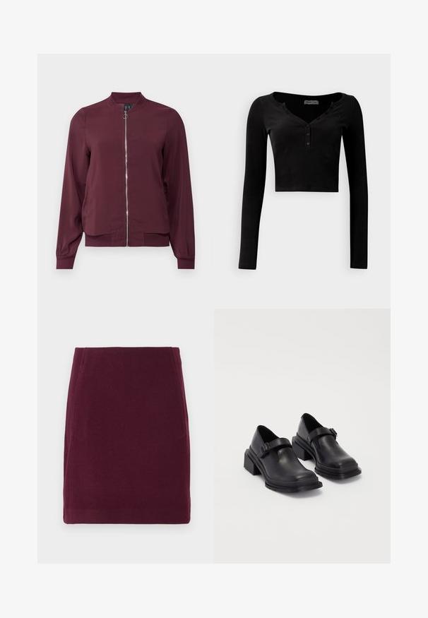Burgundy bomber jacket with a zip front, round neckline, and ribbed cuffs. Made from smooth fabric with a simple, classic design.; Black cropped long-sleeve top made of ribbed fabric, featuring a V-neckline and three-button placket at the front.; Vero Moda VMFORTUNALLISON SHORT - A-line skirt - winetasting; Black leather shoes with a rounded toe, flat sole, and a strap with a buckle detail. Chunky block heel for added stability.