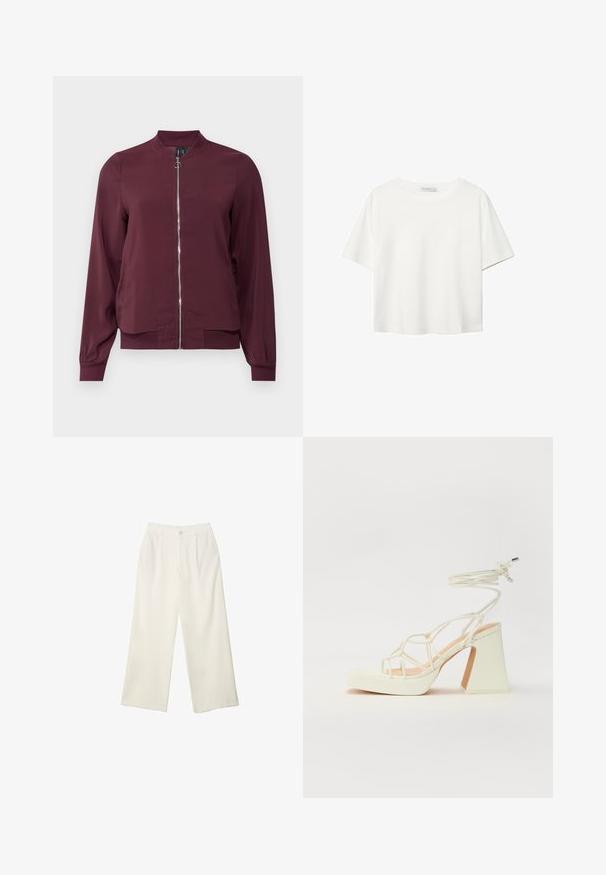 Bordeaux bomberjack met een rits aan de voorkant, ronde halslijn en geribde manchetten. Gemaakt van gladde stof met een eenvoudig, klassiek ontwerp.; Witte korte mouwen t-shirt van katoen. Heeft een ronde halslijn en een ontspannen pasvorm. Glad textuur zonder zichtbare patronen of accenten.; Brede broekspijpen in crème stof met een gladde textuur, voorzien van een enkele frontknop, subtiele plooien en een hoge taille.; Witte hoge hakken sandaal met een chunky hak, met een bandjesontwerp en enkelband. Gladde textuur met een plateau voor extra hoogte.