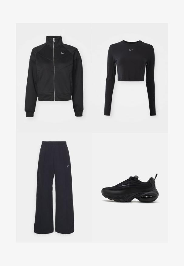 Svart zip-up jacka med hög krage, tillverkad av mjukt tyg, med snedställda sömmar och en liten vit Nike-logga på bröstet.; Svart långärmad kort topp i slätt tyg, med rund halsringning och en vit Nike-logotyp på bröstet.; Svarta byxor med vida ben, elastisk midja och en liten vit Nike-logotyp. Tyget har en slät yta, designad för komfort och avslappnad användning.; Svart atletisk sko med en slät, texturerad ovandel. Har en rund tå, vadderad krage och synlig luftkuddning i sulan.