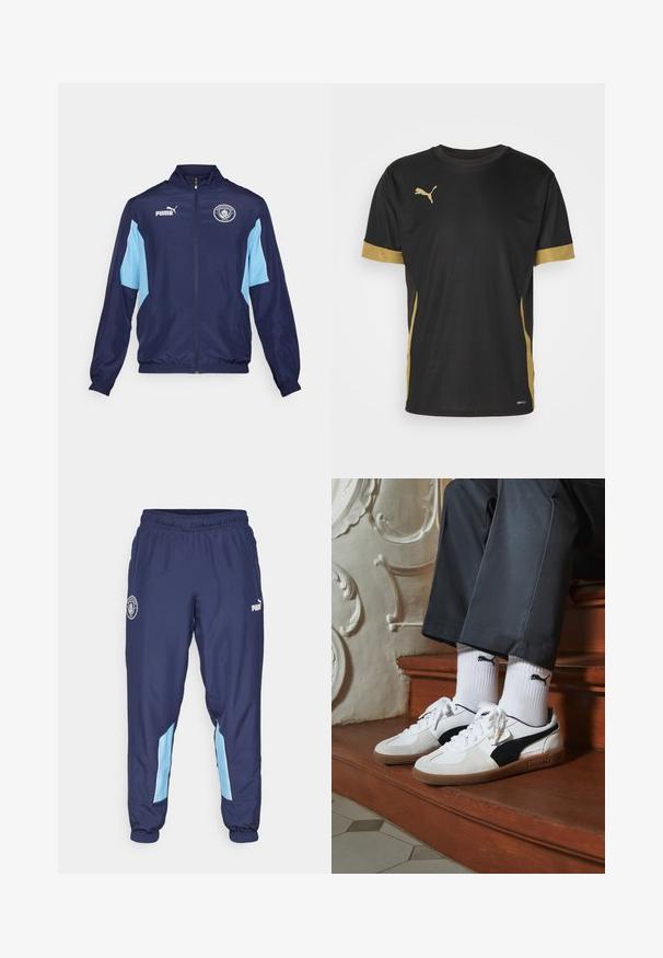 Marineblauwe sportjas met lichtblauwe accenten, volledige rits, staande kraag, elastische manchetten en met het Manchester City-logo op de borst.; Zwarte sport T-shirt met gouden accenten op de mouwen en zijkanten. Voorzien van een ronde hals, korte mouwen en vochtregulerende DRYCELL-stof.; Marineblauwe trainingsbroek met een elastische tailleband, lichtblauwe accenten aan de zijkanten en het PUMA-logo. Gemaakt van lichtgewicht stof, met aansluitende boorden.; Puma sneakers in wit en zwart suède, met een bruine rubberen zool. Gecombineerd met witte sokken met een zwart logo, gedragen met donkere broek.