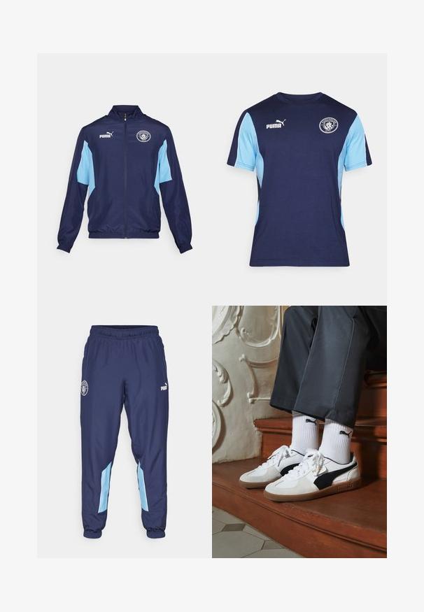 Marineblauwe sportjas met lichtblauwe accenten, volledige rits, staande kraag, elastische manchetten en met het Manchester City-logo op de borst.; Marineblauw en lichtblauw T-shirt met korte mouwen, gemaakt van katoen, met een ronde halslijn, Puma-logo en Manchester City-embleem op de borst.; Marineblauwe trainingsbroek met een elastische tailleband, lichtblauwe accenten aan de zijkanten en het PUMA-logo. Gemaakt van lichtgewicht stof, met aansluitende boorden.; Puma sneakers in wit en zwart suède, met een bruine rubberen zool. Gecombineerd met witte sokken met een zwart logo, gedragen met donkere broek.