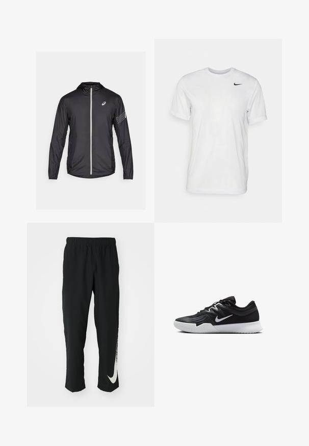 Giacca nera leggera in materiale sintetico, dotata di zip completa, cappuccio e dettagli riflettenti sulle maniche.; T-shirt bianco a maniche corte in tessuto morbido. Presenta un collo rotondo e un piccolo logo Nike nero sul lato sinistro del petto.; Pantaloni sportivi neri con cintura elasticizzata, design affusolato, caratterizzati da un grande logo Nike bianco sulla gamba sinistra. Tessuto morbido e leggero.; Scarpa sportiva nera con tomaia testurizzata, logo Nike swoosh bianco e suola in gomma bianca. Presenta un design con lacci e una forma dinamica.