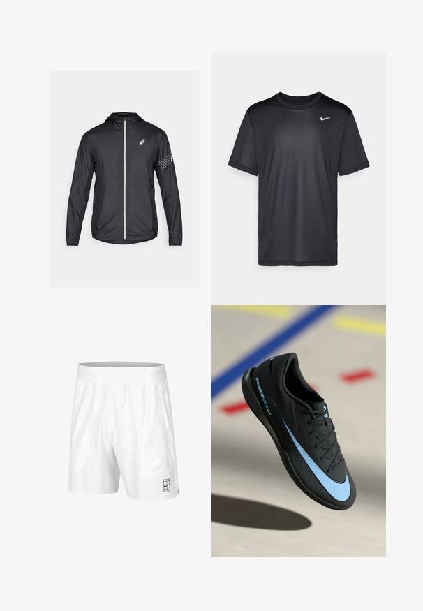 Veste légère noire en matériau synthétique, dotée d'une fermeture éclair intégrale, d'une capuche et d'accents réfléchissants sur les manches.; T-shirt de sport noir à manches courtes, col rond, fabriqué en tissu lisse. Il présente un petit logo Nike blanc en haut à gauche.; Shorts de sport blancs avec une taille élastique, deux poches latérales et un petit logo noir en bas à l'avant. Texture lisse.; Chaussure de sport noire avec accents bleus, surface texturée, design à lacets et logo Nike distinctif. Semelle en caoutchouc avec motifs de grip.