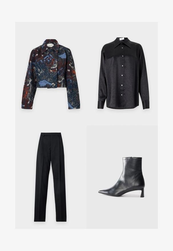 Henrik Vibskov DARTBI JACKET - Kerge jope - gobelin goats; Musta pikemate varrukatega särk, millel on krae ja kortsus tekstuur, täispikk nööpidega eesmine osa ja varrukate mansetid. Valmistatud siledast kangast.; Mustad püksid siledast kangast, millel on kõrge vöökoht, laiad jalad, esimesed kortsud ja klassikalised vööloopid. Küljepockets pole nähtavad.; Mustad mustall nahkasaabas terava nina ja stiilse disainiga. Omab madalat konts ja luku sulgemist taga. Sile tekstuur.