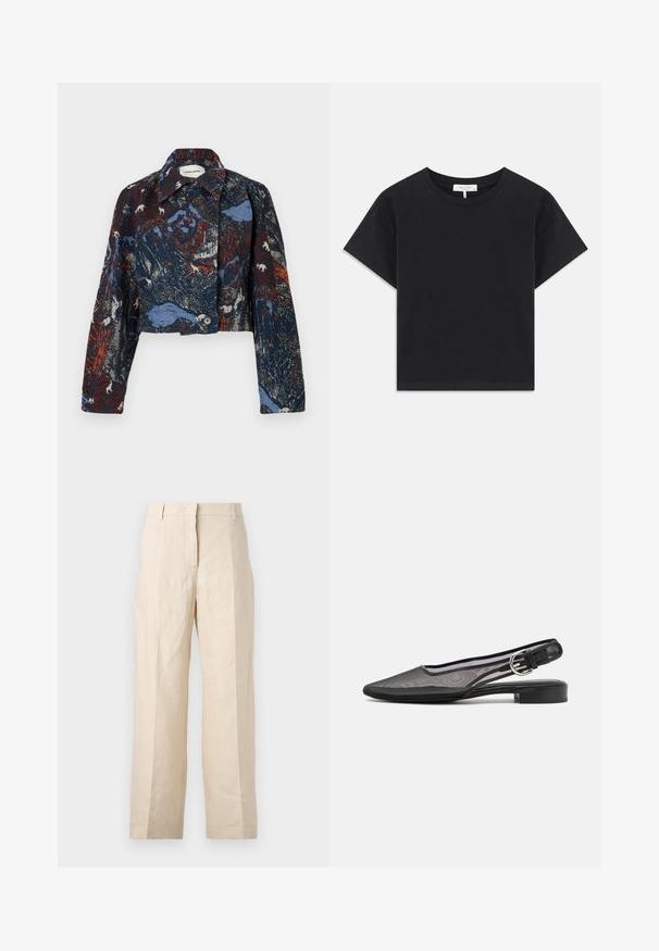 Henrik Vibskov DARTBI wielokolorowy; Czarny krótki t-shirt wykonany z bawełny, z okrągłym dekoltem, krótkimi rękawami oraz prostym wzorem bez nadruków i ozdób.; Beżowe spodnie lniane o luźnym kroju, z plisowanym przodem i prostymi nogawkami. Posiadają pasek w talii z szlufkami i brak widocznych kieszeni.; rag & bone ASTRA czarny