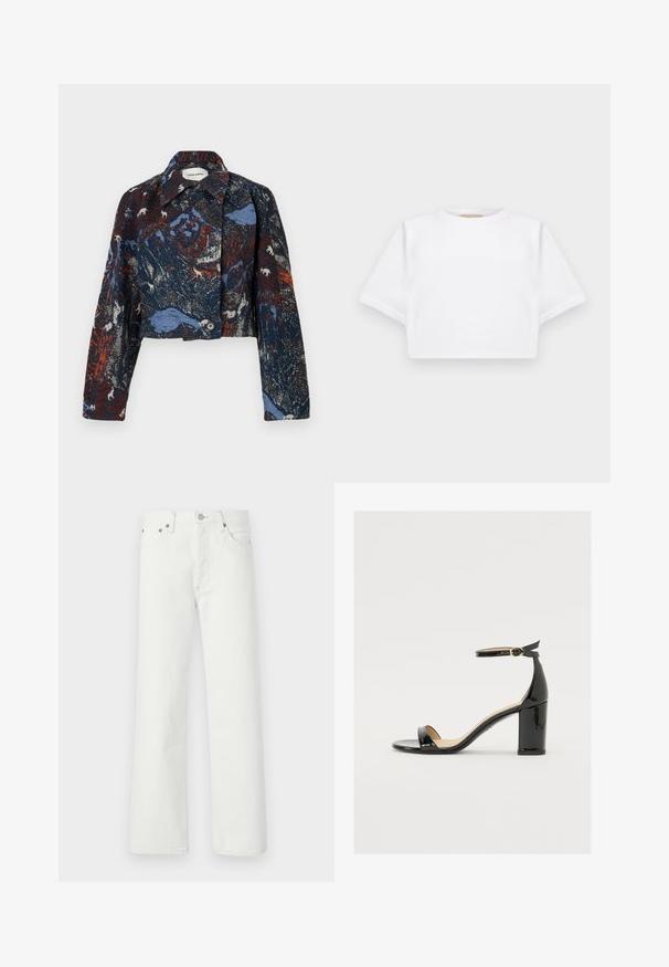 Henrik Vibskov DARTBI JACKET - Veste mi-saison - gobelin goats; T-shirt blanc court en tissu doux, avec des manches courtes, un col rond et des détails en côtes sur l'ourlet. Design simple et sans embellissement.; Jean en denim blanc avec une coupe droite, un design à cinq poches et des accents en métal sur la ceinture et les poches.; Sandale en cuir verni noir avec un large talon, orteils ouverts et une bride de cheville ornée d'une boucle en or. Texture lisse et design épuré.
