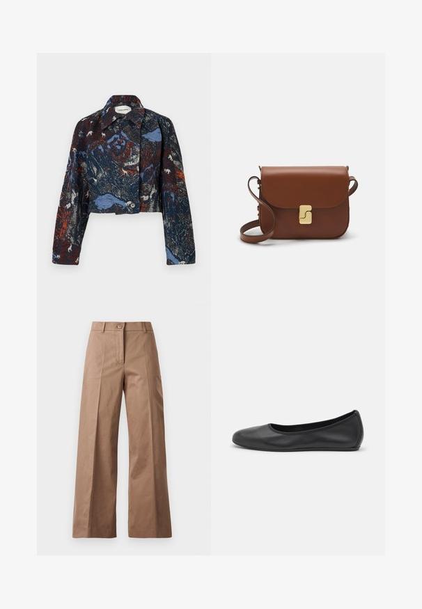 Henrik Vibskov DARTBI JACKET - Välikausitakki - gobelin goats; Valkoinen lyhytcroppinen pitkähihainen paita, joka on valmistettu puuvillasta. Siinä on nappisuljenta edessä, rintatasku ja pieni musta logo vasemmassa alakulmassa.; Ruske leve-legged hlače iz gladkega materiala, z sprednjim gumbom, dvema sprednjima žepoma in čistimi, krojenimi linijami.; Musta nahkainen ballerina, jossa on pyöristetty kärki, sileä pinta, minimaalinen ommelkoristelu ja joustava pohjamuotoilu.; Ruskea nahkainen käsilaukku, jossa on läppäkiinnitys, kultasävyiset yksityiskohdat, olkahihna ja sileä pinta. Kompaktin suorakaiteen muotoinen.