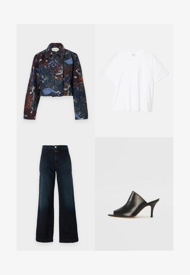 Henrik Vibskov DARTBI JACKET - Veste mi-saison - gobelin goats; T-shirt en coton blanc avec des manches courtes, un col rond, une coupe décontractée et un ourlet cousu. Étiquette visible à l'intérieur du col.; Jeans en denim bleu foncé à jambes larges, avec une taille haute, des poches avant et une fermeture à bouton à l'avant. Texture lisse avec un léger délavage.; Mule ouverte en cuir noir avec un design élégant et courbé, un talon aiguille haut et une texture lisse. L'intérieur présente une couleur claire contrastante.
