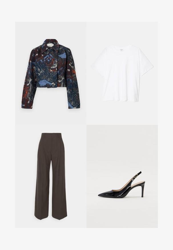 Henrik Vibskov DARTBI JACKET - Viegla jaka - gobelin goats; Balta kokvilnas T-krekls ar īsām piedurknēm, apaļu dekoltē, brīva piegriezuma un šūtu apakšmalu. Etiķete redzama iekšējā kakla daļā.; Tumši brūni platajiem galiem bikses ar augstu jostasvietu, kas pieejamas ar uzmanīgi presētām krokām, gludu tekstūru un pielāgotu piegriezumu.; Melnas lakotās ādas slingback kurpes ar izteiktu degunu, šauru papēdi un smalku izgriezumu dizainu. Siksniņai ir zelta sprādze.