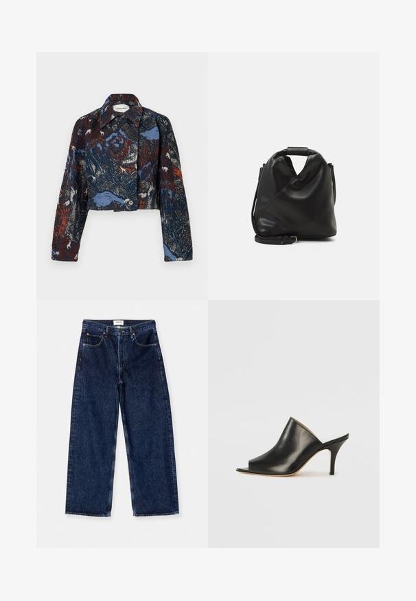 Henrik Vibskov DARTBI JACKET - Lengva striukė - gobelin goats; Juodas raštuotas lieknas marškinėliai su apvalia iškirpte ir balta siuvinėta logotipu. Medžiaga yra glotni su pritaikytu siluetu.; Tamsiai mėlynos džinsinės plačios kojos kelnės, pasižyminčios aukštu juosmeniu, priekinėmis kišenėmis ir lygia tekstūra su subtiliais siuvinėjimo akcentais.; Juodas odinis atviras mules batelis su elegantišku, kreiviu dizainu, aukštu stiletto kulnu ir lygiu paviršiumi. Vidus turi kontrastingą šviesią spalvą.; Juodas, minkštas odinis krepšys su unikaliu išsuktiniu dizainu. Yra trumpas rankenas ir nuimamas peties diržas. Minimalistinis stilius.