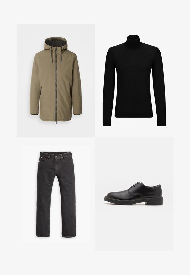 INDICODE JEANS Ziemas jaka - olive; Melnā augstā kakla džemperis, kas izgatavots no mīksta materiāla, ar garām piedurknēm un pieguļušu piegriezumu. Ribota apdare ap apakšu un piedurknēm. Vienkāršs dizains.; Melnas taisnu kāju džinsu bikses ar pieciem kabatām, pogu aizdari un vara kniedēm, izklātas plakani uz balta fona.; Melna āda sašūta kurpe ar noapaļotu purngalu, gludu tekstūru, minimālu šuvju skaitu un zemu gumijas papēdi. Logo uz papēža.