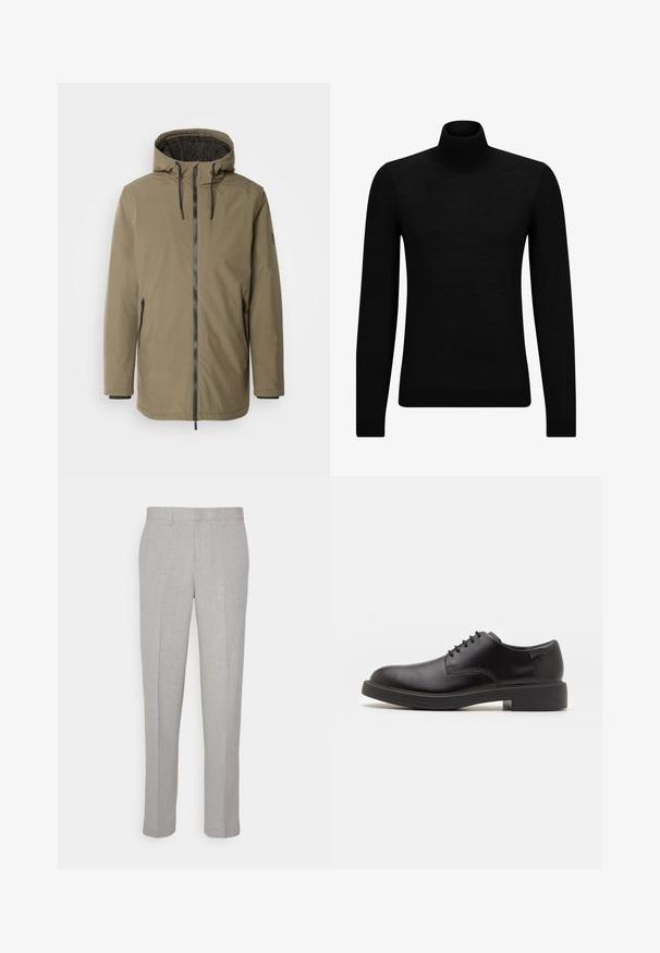 INDICODE JEANS Talvejope - olive; Musthave muströid ja pehmest materjalist must turtleneck, millel on pikad varrukad ja tihe istuvus. Ribaga ääris allservas ja vöökohal. Lihtne disain.; Heledad hallid püksid sileda tekstuuriga, lame esiots ja sirged sääred. Valmistatud hingavast kangast, millel on sisepocketid ja vöölõngad.; Must beemel levalis kingad ümarate varvastega, sileda pinnaga, minimaalsete õmblustega ja madala kummist kontsaga. Logo kontsa peal.