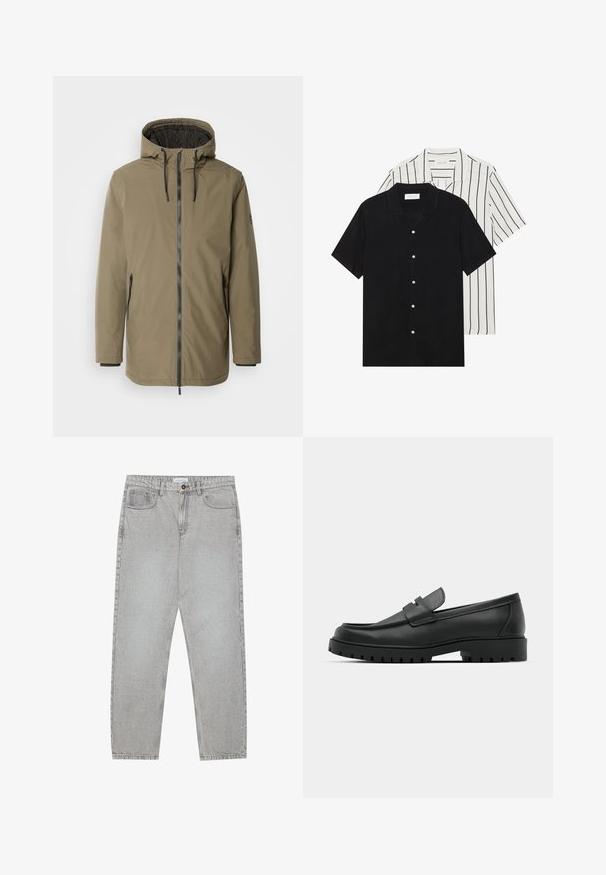 INDICODE JEANS - Kurtka zimowa; Dwie koszule z krótkim rękawem: jedna w solidnej czerni, druga biała w czarne pionowe paski. Obie mają zapięcie na guziki i klasyczny kołnierzyk.; Jasnoszare dżinsy o prostym kroju nogawki, z pięcioma kieszeniami i zapięciem na guzik. Widoczne szwy wzdłuż szwów.; Czarne skórzane mokasyny z zaokrąglonym noskiem, posiadające przeszywany wzór, niską platformę oraz teksturowaną, gumową podeszwę z bieżnikiem.