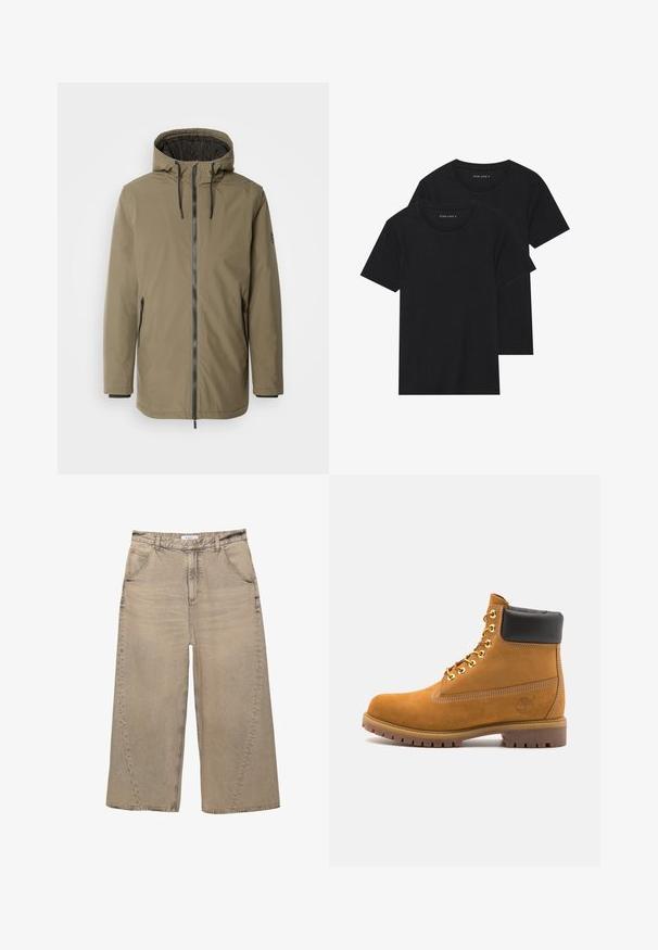 INDICODE JEANS Jachetă de iarnă - olive; Două tricouri negre din bumbac cu mâneci scurte, cu guler rotund și o textură netedă, expuse suprapuse.; PULL&BEAR MEGA BAGGY - Blugi largi - light grey; Cizmă de gleznă din întoarsă de culoare bej, cu guler negru căptușit, ochiuri din metal auriu, detalii de cusătură albă și talpă din cauciuc robustă, cu un model pronunțat.