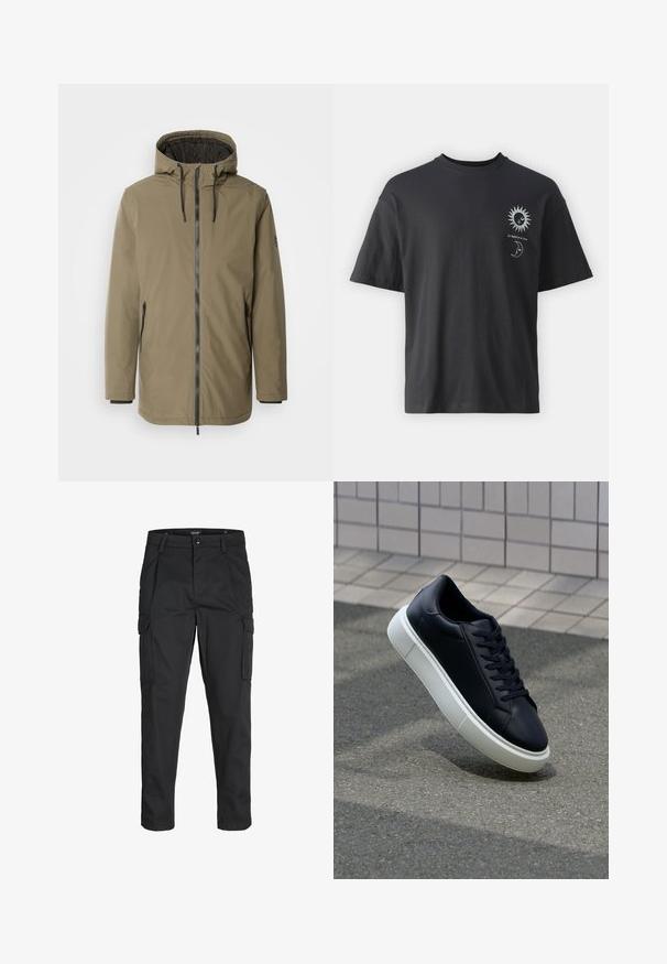 INDICODE JEANS Winter jacket - olive; Black cotton t-shirt with short sleeves, round neck, and front graphics of a sun and moon, accompanied by text "Le Soleil et La Lune."; Black cargo pants made of sturdy fabric, featuring multiple pockets, a button closure, and a slim fit design with tapered legs.; Black leather sneaker with rounded toe and white rubber sole. Features flat laces and minimal stitching on the upper. Textured sole for grip.