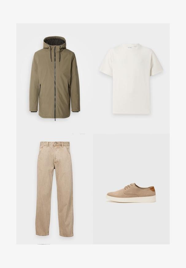 INDICODE JEANS Jachetă de iarnă - olive; Tricou alb cu maneci scurte, dintr-un material ribbed. Guler rotund, croi lejer, fără modele sau accente vizibile. Design simplu și versatil.; Jeans din denim bej cu un design drept, care prezintă buzunare frontale, închidere cu buton metalic și o textură subtilă.; Tenisi din suede bej cu vârf rotund, sistem de șireturi în față și un accent texturat în spate. Talpa albă din cauciuc oferă un contrast. Design simplu și modern.