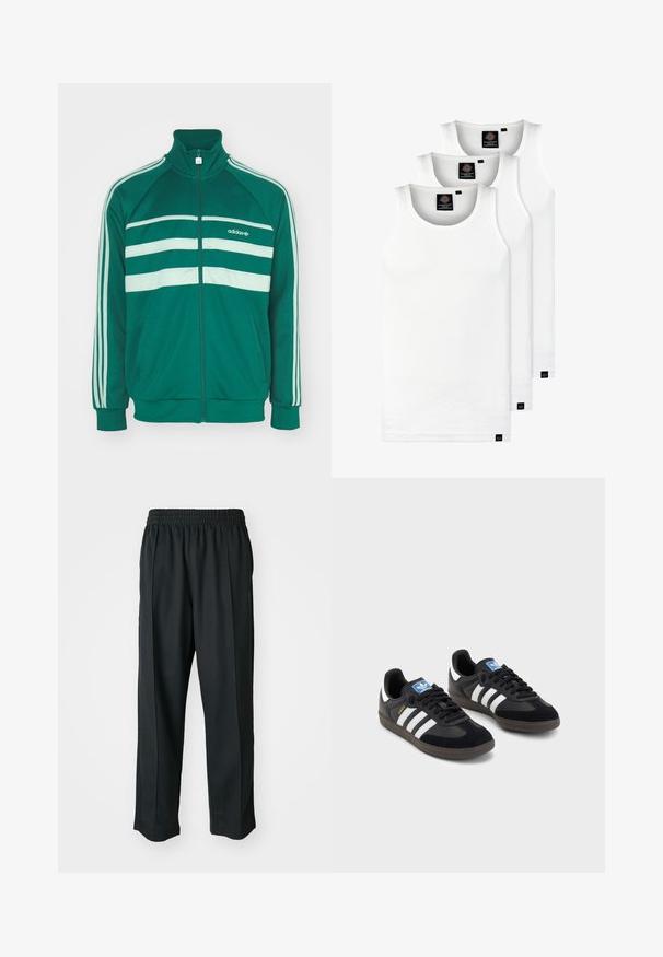 Grønn zip-up jakke med hvite striper, lange ermer, høy krage og ribbede mansjetter. Materialet ser mykt og teksturert ut. Merkevaren er på venstre bryst.; Tre hvite ribbestrikkede tank topper laget av bomull. Har en rund hals og små svarte etiketter nær kanten. Tilgjengelig i flere størrelser.; Sorte idrettsbukser med elastisk midje, laget av glatt stoff, med subtile sidesømmer og en avslappet passform, rett ben-design.; Svarte sneakers med overdel i semsket lær og syntetisk materiale, med tre hvite striper, strukturert gummisåle og blå logoetikett på tungen.