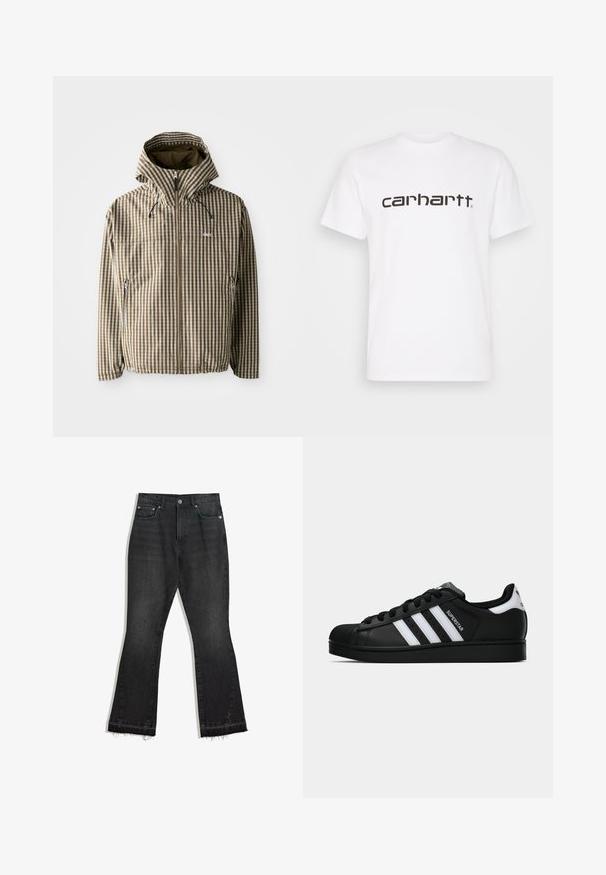 Brown and cream checkered hooded jacket with a full zip closure, side pockets, and elasticated cuffs, featuring a lightweight, waterproof material.; White cotton t-shirt with short sleeves and crew neckline. Features large "carhartt" logo in dark brown across the chest.; Black denim flared jeans with a frayed hem, five-pocket design, and a button closure. Smooth texture, medium weight fabric.; Black Adidas Superstar sneaker with white stripes, shell toe, and "Superstar" text on side, shown in side profile on white background.