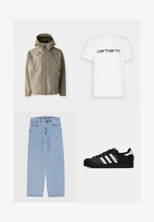 Brūna un krēmkrāsas četrstūra raksta kapuce ar pilnu rāvējslēdzēju, sānu kabatām un elastīgām aprocēm, izgatavota no viegla, ūdensnecaurlaidīga materiāla.; Balta kokvilnas T-kreklu ar īsām piedurknēm un apaļu kakla izgriezumu. Tam ir liels "carhartt" logo tumši brūnā krāsā uz krūts.; Gai zila džinsu bikses ar taisnu kāju dizainu, kas piedāvā vidēju vidukļa augstumu, piecas kabatas un pogas un rāvējslēdzēja aizdari.; Melnas Adidas Superstar kedas ar baltām svītrām, čaulas purngalu un uzrakstu "Superstar" sānos, parādītas sānskatā uz baltā fona.