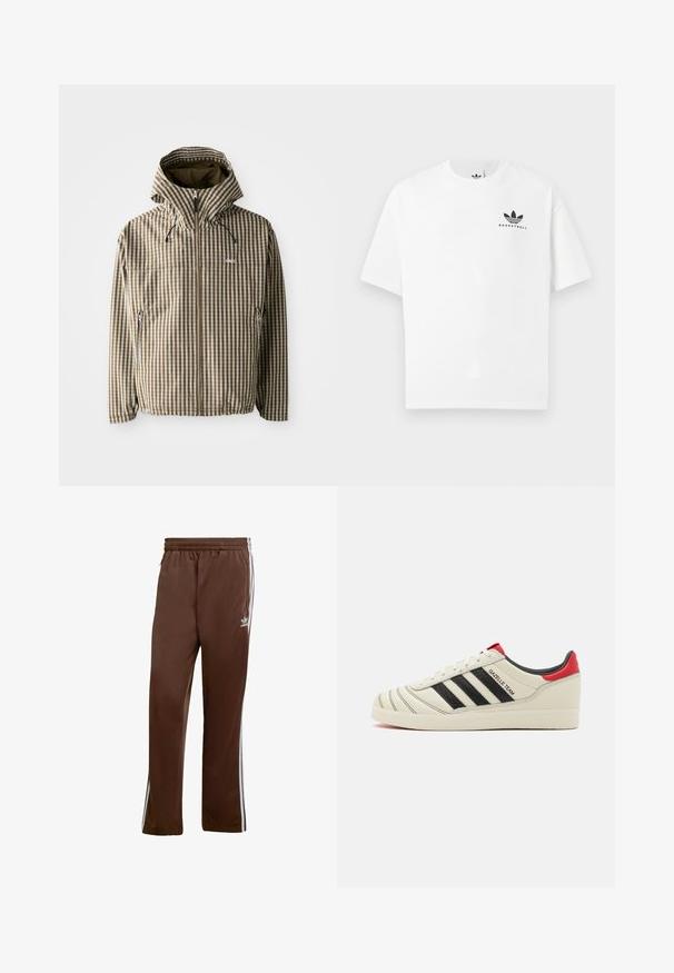 Pruun ja kreemikas ruuduline tõmblukuga kapuutsiga jope, küljetaskud ja elastsed mansetid, valmistatud kergest, veekindlast materjalist.; Valge puuvillane T-särk lühikeste varrukatega, mille esitupal on must "BASKETBALL" logo ja ikooniline kolmerealine disain.; Pruunid sportlikud püksid, mis on valmistatud siledast kangast, valgete külgtriipudega ja elastse vöödiga. Ühelt ja teiselt küljelt leiab taskud.; Kreemist nahast tossud mustade triipudega, punaste kannakate aktsentidega ja tekstuursete detailidega. Omab kummist tallat ja seotud sulgemist.