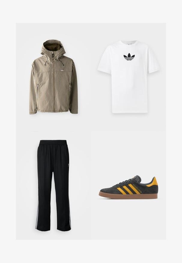 Rudas ir kremas langeliais marginta striukė su gobtuvu, užsegama užtrauktuku, su šoninėmis kišenėmis ir elastinėmis rankovėmis, pagaminta iš lengvos, vandeniui atsparios medžiagos.; Baltas medvilnės marškinėliai su juodu Adidas logo centre. Trumpomis rankovėmis ir apvalia kaklo iškirpte. Lygus audinys.; Juodi sportiniai keliai su elastingu juosmeniu, su baltais šonais ir mažu logotipu. Atrodo, kad medžiaga yra minkšta ir lengva.; Juodas zomšinės sportbačiai su geltonais akcentais, turintys tris juosteles ir rudą gumos padą. Apima paminkštintą liežuvėlį patogumui.