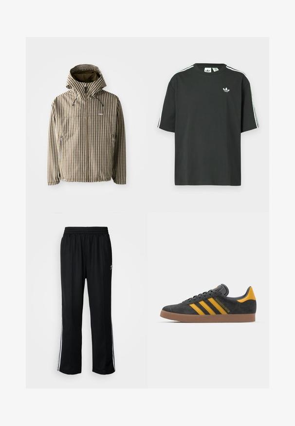 Jachetă cu glugă în carouri maronii și crem, cu fermoar complet, buzunare laterale și manșete elastice, având un material ușor și impermeabil.; Tricou negru din bumbac cu mâneci scurte, guler rotund și detalii albe cu trei dungi pe umeri. Prezintă un logo mic alb pe piept.; Pantaloni atletici negri cu talie elastică, având dungi albe pe laterale și un mic logo. Materialul pare moale și ușor.; Tenisi negri din suede cu accente galbene, având trei dungi și o talpă din cauciuc maroniu. Include un limba căptușită pentru confort.