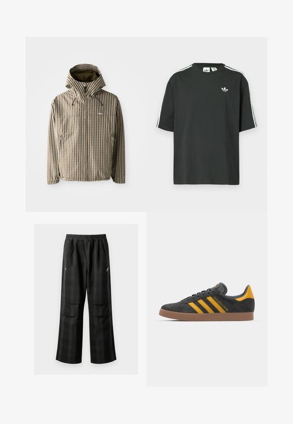 Casaco capuz com padrão quadriculado castanho e creme, com fecho de correr completo, bolsos laterais e punhos elásticos, confeccionado em material leve e impermeável.; T-shirt preta de algodão com mangas curtas, gola redonda e detalhe branco de três riscas nos ombros. Apresenta um pequeno logotipo branco no peito.; Calças pretas em padrão xadrez com cintura elástica, dois bolsos frontais e um ajuste solto com design de perna reta. Feitas de material leve.; Tenis em camurça preta com detalhes amarelos, apresentando três riscas e uma sola de borracha castanha. Inclui uma língua acolchoada para maior conforto.