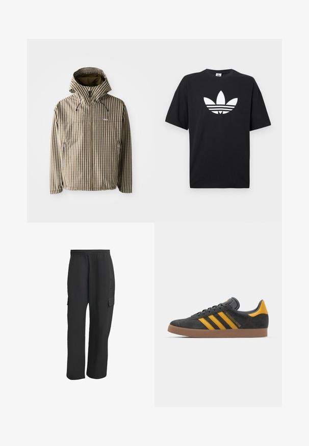 Brown and cream checkered hooded jacket with a full zip closure, side pockets, and elasticated cuffs, featuring a lightweight, waterproof material.; Black cotton t-shirt with short sleeves, featuring a large white Adidas logo and three horizontal stripes on the bottom. Classic crew neck design.; Black cargo pants with an elastic waistband, featuring side pockets, loose fit, and a textured fabric. Designed for comfort and utility.; Black suede sneaker with yellow accents, featuring three stripes and a brown rubber sole. Includes a padded tongue for comfort.