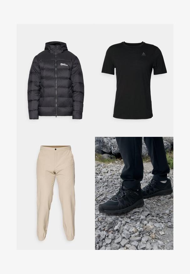 Jack Wolfskin NEBELHORN - Down jacket - black; Black t-shirt made from lightweight fabric, featuring a round neckline, short sleeves, and a small brand logo on the upper left.; Beige pants made of smooth fabric, featuring an elastic waistband, two side pockets, and elastic cuffs at the ankles.; Black outdoor shoes with mesh and synthetic material, featuring a textured upper, secured lacing system, and a rugged outsole, on rocky terrain.