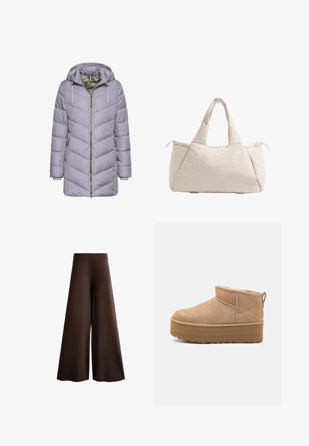 Hellblauer, gepolsterter Jacke mit Chevron-Steppung, mit Reißverschluss an der Vorderseite, zwei Seitentaschen und einer Kapuze mit grauen verstellbaren Kordeln.; Cremfarbener Rollkragenpullover mit geripptem Kragen und Bündchen, weichem Stricktextur, lässiger Passform, seitlichen Schlitzen und leicht verlängertem Rücken.; Braune weite Hosen aus weichem Stoff, mit hoher Taille, subtiler Textur und einer fließenden Silhouette ohne sichtbare Verschlüsse oder Verzierungen.; Beige Wildleder-Ankle Boots mit einem weichen Innenfutter, ausgestattet mit einer Plateausohle und einer Zuglasche hinten für einen einfachen Einstieg. Strukturiertes Gummiprofil.; Beige gesteppte Tragetasche mit zwei Griffen, runder Form, strukturiertem Stoff und einer seitlichen Kordelzugtasche. Glatte Oberfläche, minimalistisches Design.