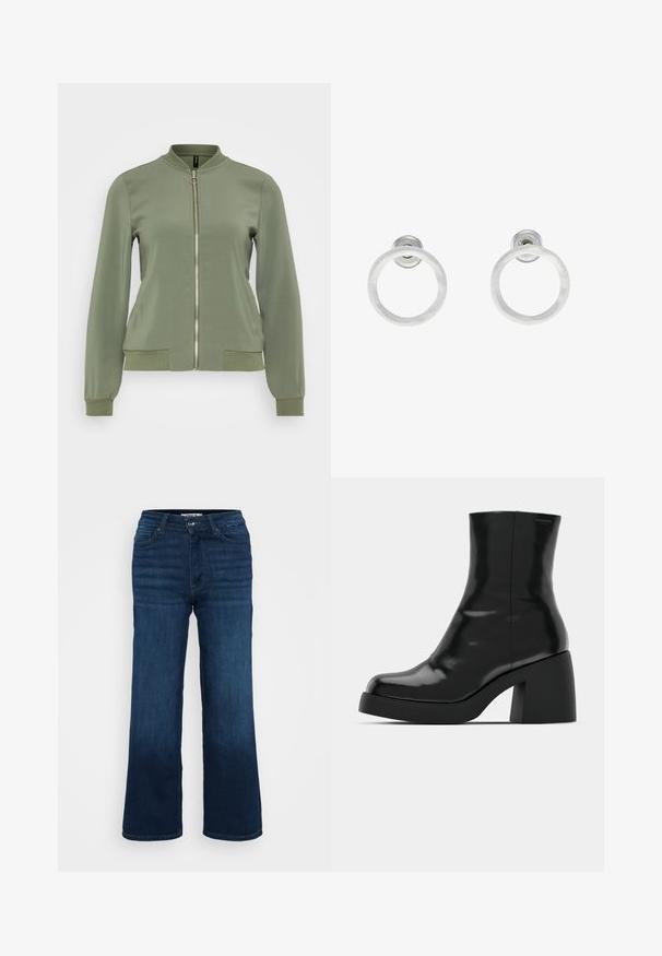 Light green bomber jacket featuring a smooth fabric, ribbed collar and cuffs, front zipper, and side pockets with ribbed accents.; Set of three ribbed crop tops in white, light green, and black. Each features a round neck and sleeveless design. Soft cotton material.; ONLY Petite ONLMADISON BLUSH WIDE - Wide Leg - dark blue denim; Black ankle boots with a glossy finish, square toe, and a thick block heel. The design features a seamless silhouette and minimal branding.; Silver metal hoop earrings with a brushed texture, featuring a circular design and a clear post back for secure wear.