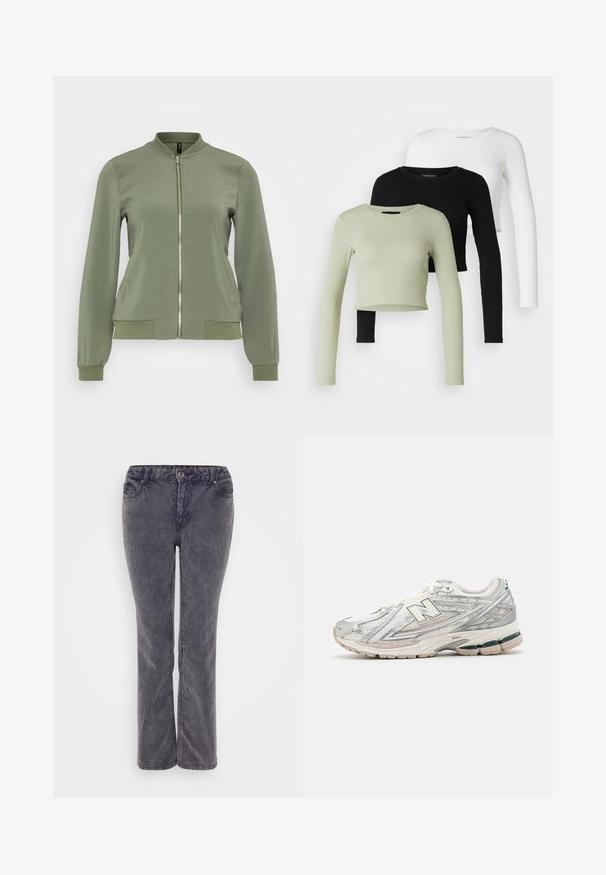 Svetlozeleni bomber jakna z gladkim materialom, rebrastim ovratnikom in manšetami, sprednjim zadrgo in stranskimi žepi z rebrastimi detajli.; Even&Odd Petite 3 PACK - Majica z dolgimi rokavi - black/white/light green; Sive kavbojke s ravnim krojem, ki imajo zadrgo, pet žepov in subtilne podrobnosti na teksturi tkanine.; Tekaški čevlji imajo srebrno-belo mrežasto zgornji del z zelenim poudarkom. Konec je debel in teksturiran, zasnovan za blaženje udarcev in podporo.